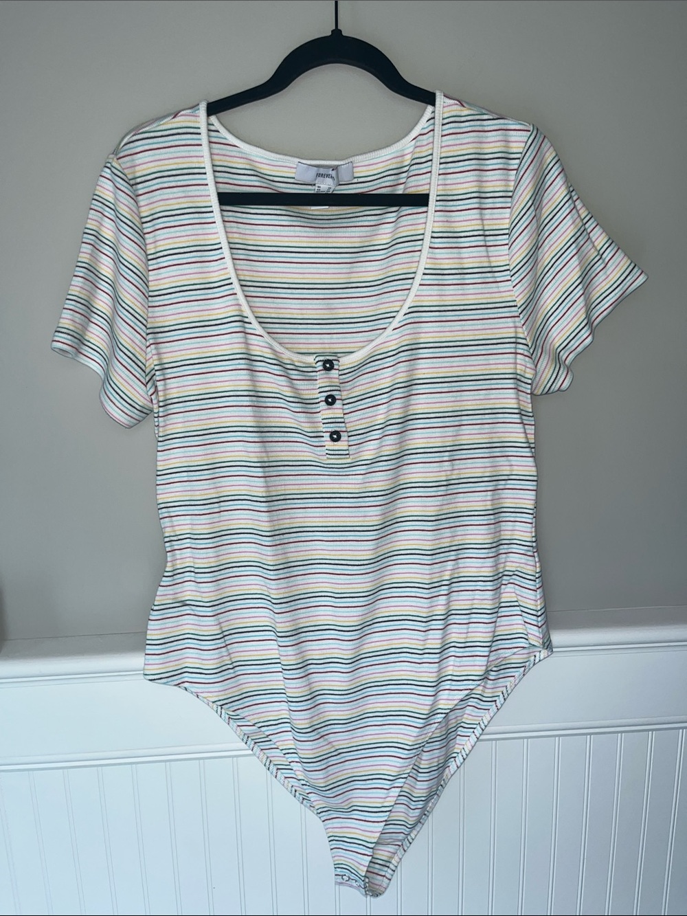 Forever 21 rainbow stripe short sleeve, scoop neck henley bodysuit US 3X